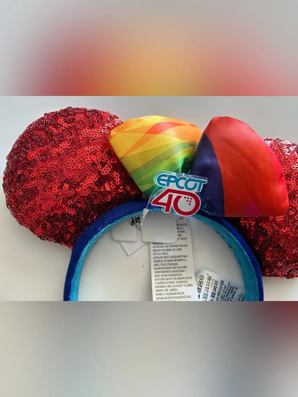 Disney EPCOT 40 Red Sequin Minnie Ears Headband with Rainbow Bow